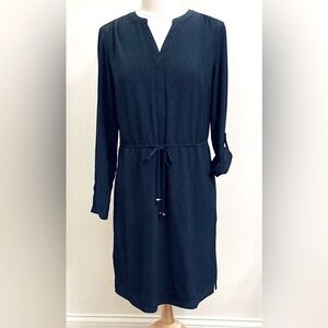 Creation L Navy Blue Waisted Tie Roll Tab Sleeves Casual Shirt Dress Size 6